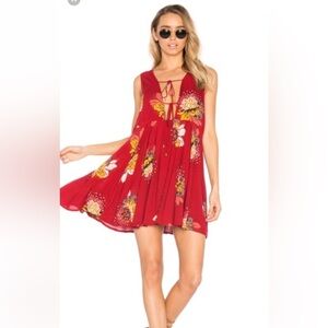 Free People Lovely Day tunic mini dress red floral slip womens  XS minor flaw